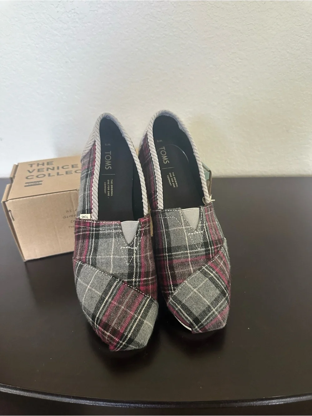Toms Plaid Grey and Burgundy Slip-On Flats